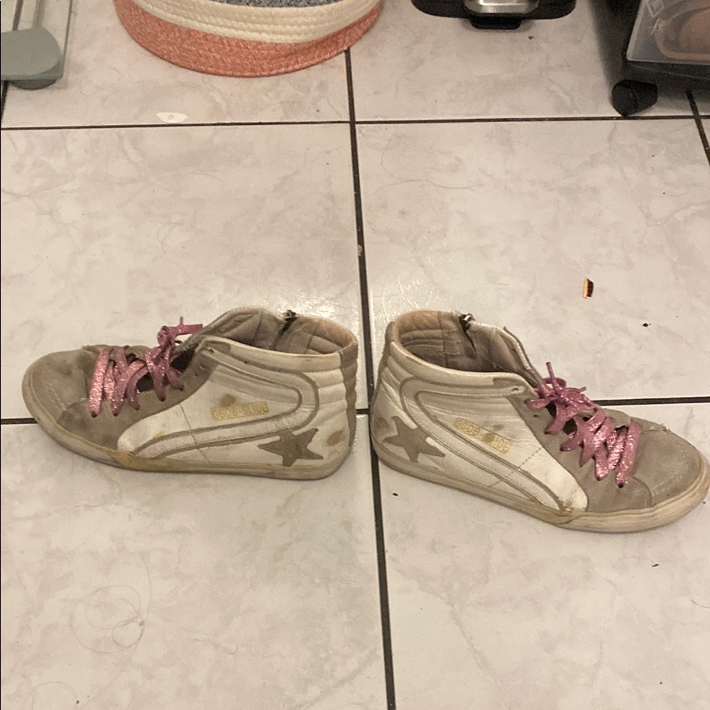 White and Gray High-Top Sneakers with Pink Laces
